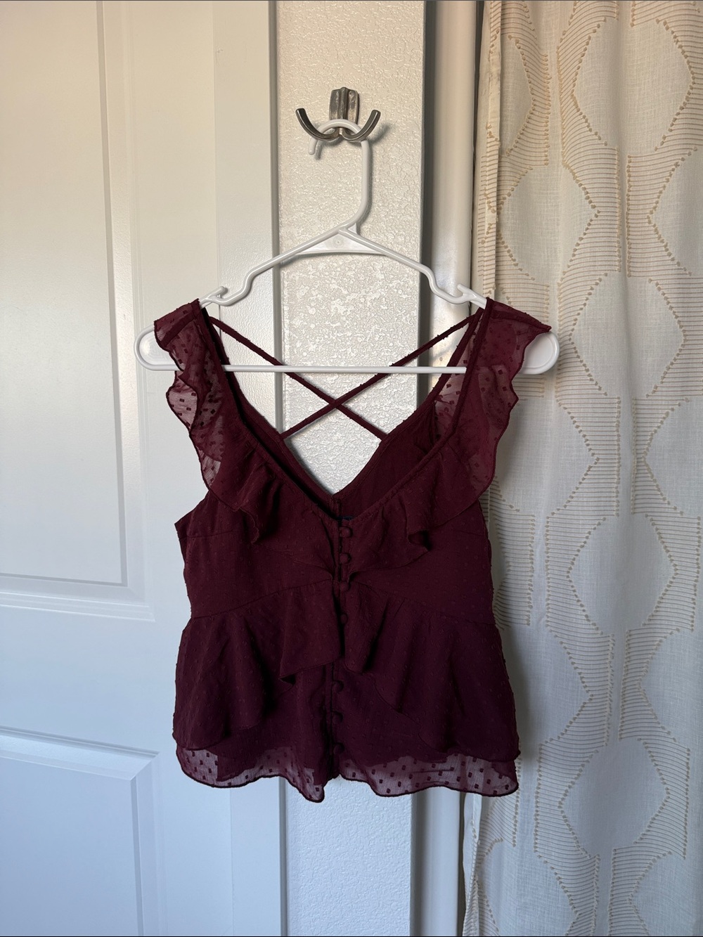 Abercrombie & Fitch Burgundy Ruffled V-Neck Tank Top